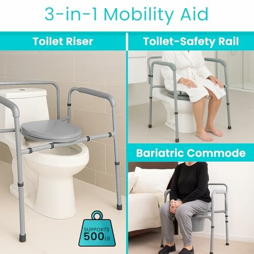 3-in-1 mobility aid showcasing toilet riser, toilet-safety rail, and bariatric commode.