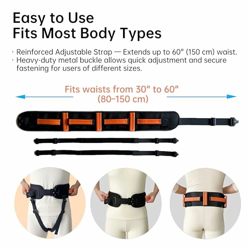 Adjustable belt with reinforced strap and metal buckle, fits waists 30 to 60 inches.