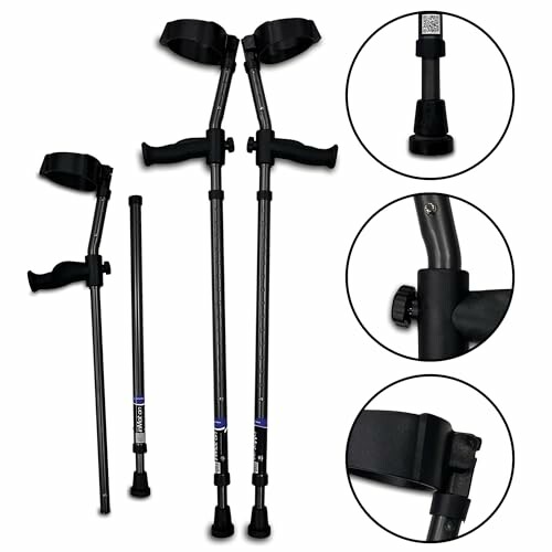 Adjustable forearm crutches with ergonomic grips and rubber tips.