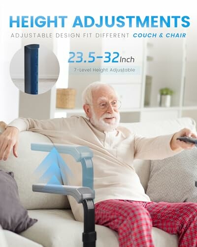 Elderly man using height-adjustable couch or chair with remote control.