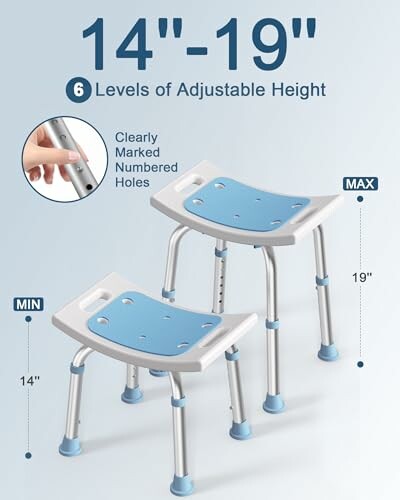 Adjustable height shower chair with 6 levels from 14 to 19 inches.