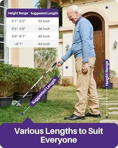 Elderly man using a reacher grabber tool in a garden, with a chart showing suggested lengths for different heights.
