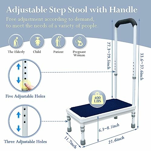 Adjustable step stool with handle, suitable for elderly, children, patients, and pregnant women, supports 400 lbs.