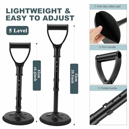 Adjustable support stand with rubber pad and firm handle.