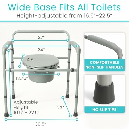 Height-adjustable toilet chair with wide base and non-slip features.