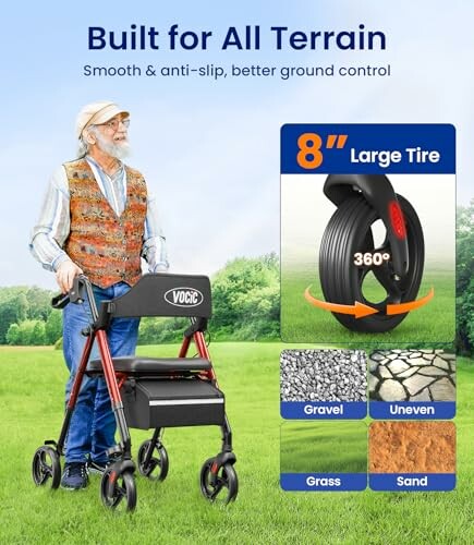 Man using an all-terrain rollator walker with large 8-inch wheels, suitable for gravel, uneven surfaces, grass, and sand.