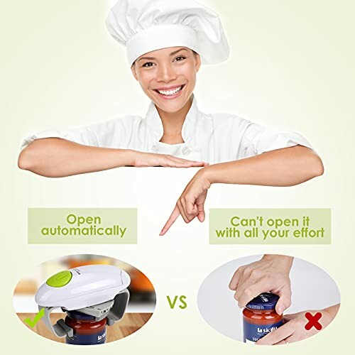 Chef demonstrating an automatic jar opener versus manual opening.