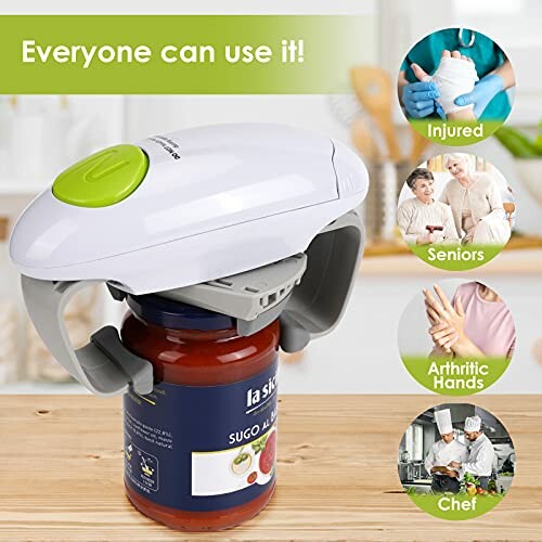 Automatic jar opener with examples of users: injured, seniors, arthritic hands, chef.