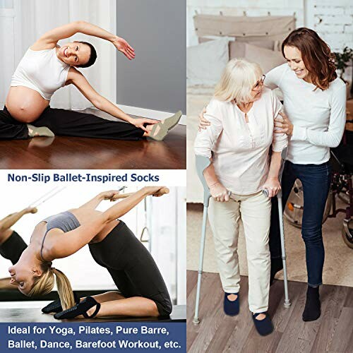 Collage of women wearing non-slip ballet-inspired socks in various activities.