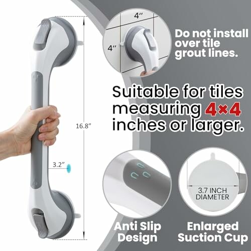 Suction grab bar for bathroom safety with anti-slip design, suitable for tiles 4x4 inches or larger.