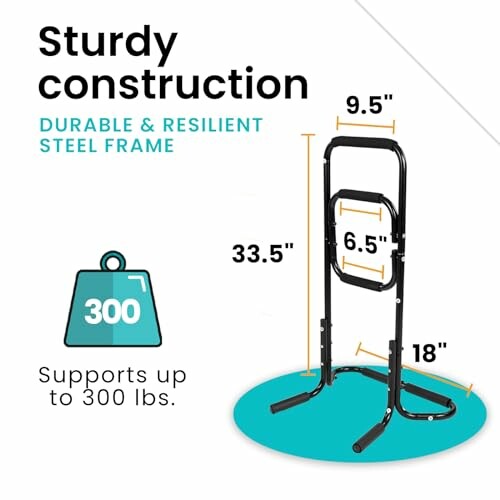 Sturdy bed rail with measurements and weight capacity.
