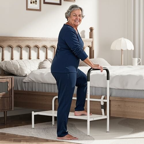 Elderly woman using a bed safety step in bedroom.