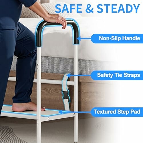 Person using a bed step with non-slip handle, safety tie straps, and textured step pad.