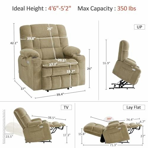 Beige recliner chair with dimensions and positions: upright, TV, and lay flat