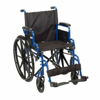 Blue foldable wheelchair with black seat and armrests.