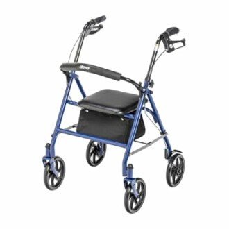 Blue four-wheel walker with seat and storage pouch.