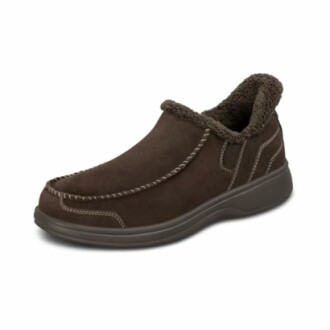 Brown slip-on slipper with fur lining and stitching details, showcasing the slipper's premium materials and craftsmanship.