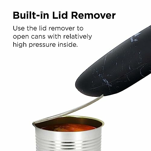 Can lid being removed with a built-in lid remover, Kitchen Mama Auto 2.0 Electric Can Opener: Blade Opens Almost Any Can Pop or Soda Can - Automatic, Hands Free, Safe, Smooth Edge, Lid Remover, Battery Operated, Cordless, YES YOU CAN (Marble Black)