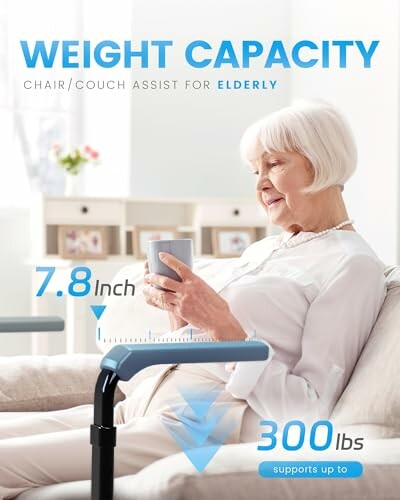 Elderly woman using chair assist handle for support.