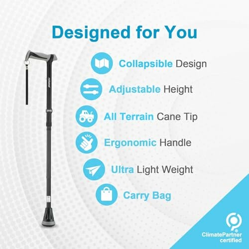 Infographic of a collapsible walking cane with features listed: adjustable height, all-terrain tip, ergonomic handle, ultra light weight, carry bag.