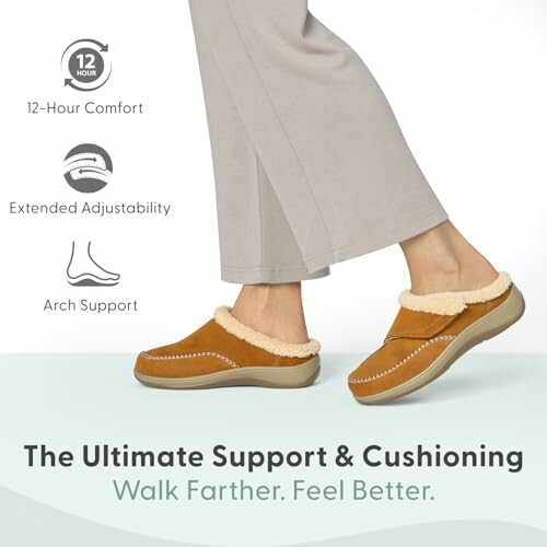 Person wearing comfortable cushioned shoes with features highlighted: 12-hour comfort, extended adjustability, arch support.Orthofeet Women's Orthopedic Faux Fur Lined Charlotte Slippers