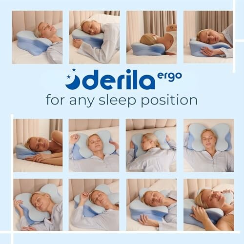 Collage of a person using a Derila pillow in various sleep positions.