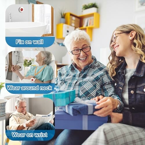 Elderly women with safety devices and gifts, showcasing wall, neck, and wrist options.