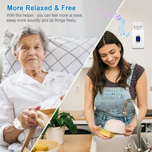 Elderly woman resting in bed and young woman washing dishes, illustrating relaxation and freedom.