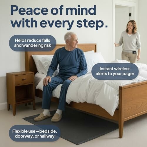 Elderly man sitting on bed with a caregiver nearby, promoting the importance of patient safety.
