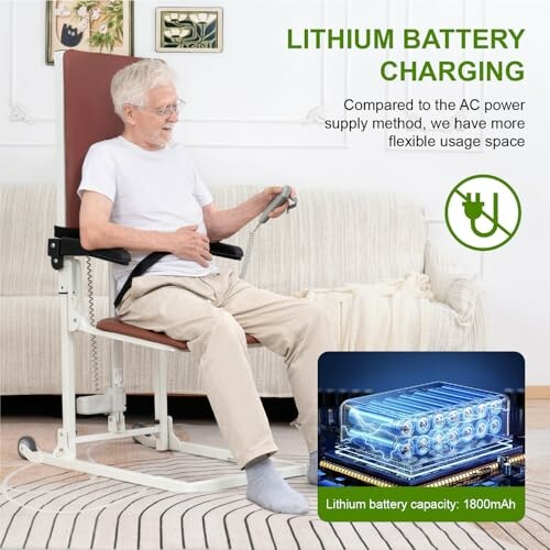 Elderly man using a motorized chair with lithium battery charging.
