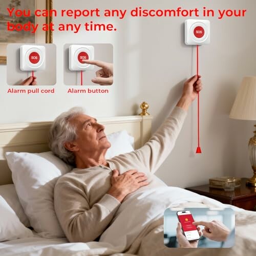 Elderly man in bed using an emergency alarm system with pull cord and button.