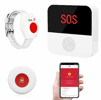 Emergency alert system with SOS wristband, wall button, and smartphone app.