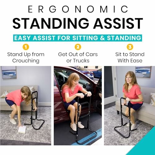 Ergonomic standing assist guide for sitting and standing with three steps: stand up from crouching, get out of cars or trucks, sit to stand with ease.