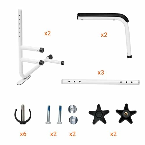 Components for assembling exercise equipment including bars, screws, and knobs.