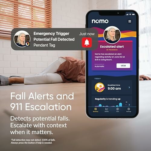App interface showing fall alerts and 911 escalation features.