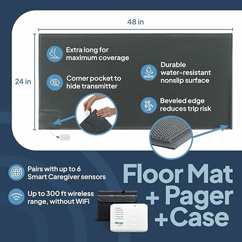 The Smart Caregiver Floor Mat Alarm and Pager System includes a wireless floor mat and a pager that can be alerted from up to 300 feet away.