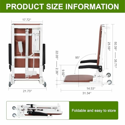 Dimensions and foldable design of a chair with wheels.