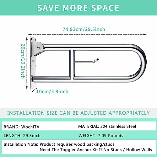 Foldable stainless steel grab bar with dimensions and installation info.