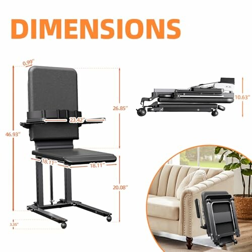 Foldable wheelchair dimensions with storage view.