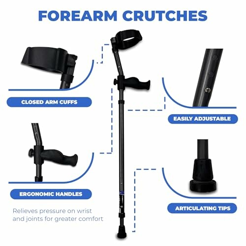 Diagram of forearm crutches with features like closed arm cuffs, ergonomic handles, easy adjustability, and articulating tips.
