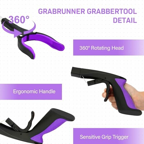 Grabrunner grabber tool features including 360-degree rotating head, ergonomic handle, and sensitive grip trigger.