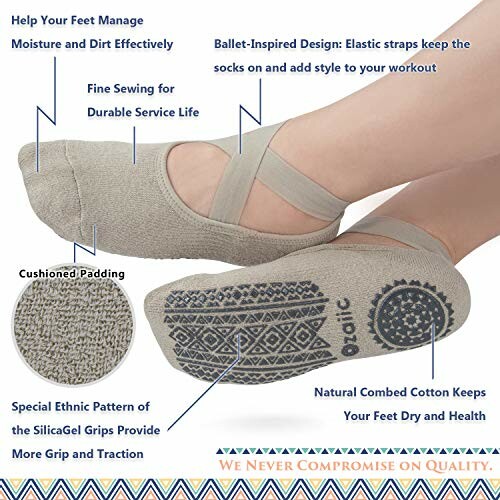Gray ballet-style yoga socks with elastic straps and cushioned padding.