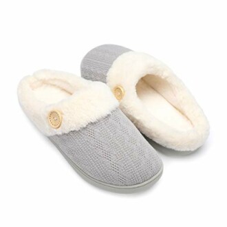 Gray slippers with fleece lining and button detail.