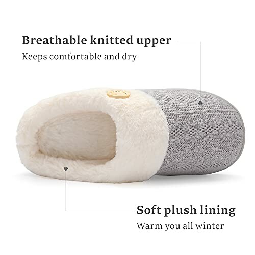Gray slipper with breathable knitted upper and soft plush lining.