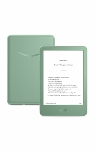 A sleek and modern e-reader with a green screen displaying text, showcasing its bright and vibrant display.