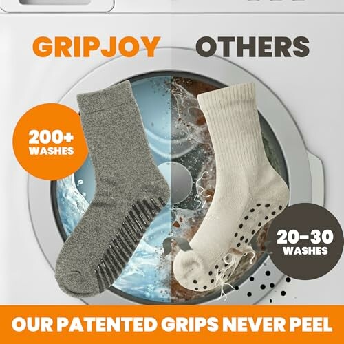 Comparison of Gripjoy socks and others showing durability in washes.
