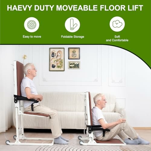 Elderly man using a moveable floor lift chair indoors.