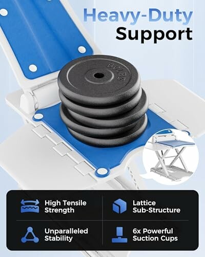 Heavy-duty support stand with weights and stability features displayed.