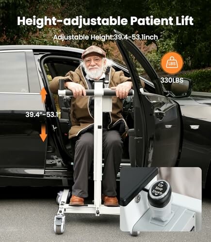 Elderly man using a height-adjustable patient lift next to a car.