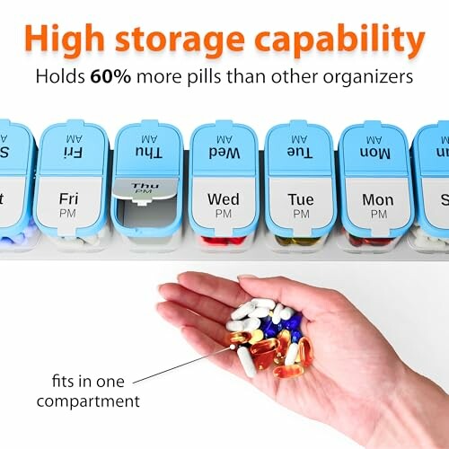 Pill organizer with high storage capability and pills in hand.